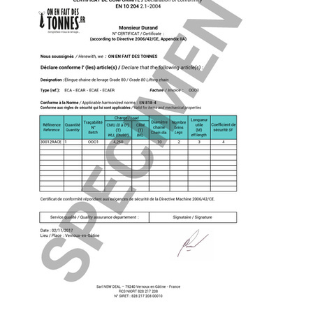 SPECIMEN certificat de conformité