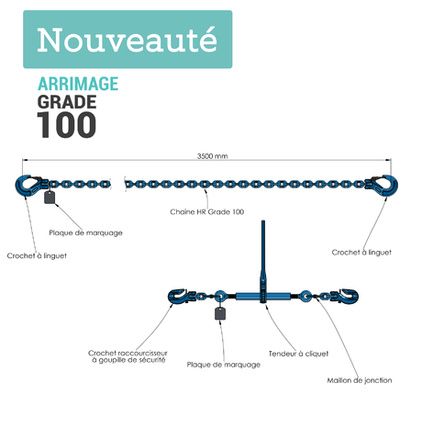 Systeme d arrimage Grade 100 HR 2 Parties chaine et tendeur diametre 8mm Long.3,5m TMU 50kN schema composants